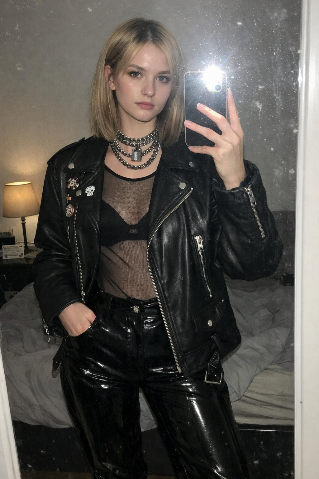 Rock concert outfit with layered chain chokers and leather