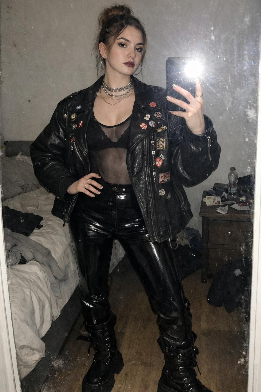 Rock concert outfit with sheer mesh and platform boots