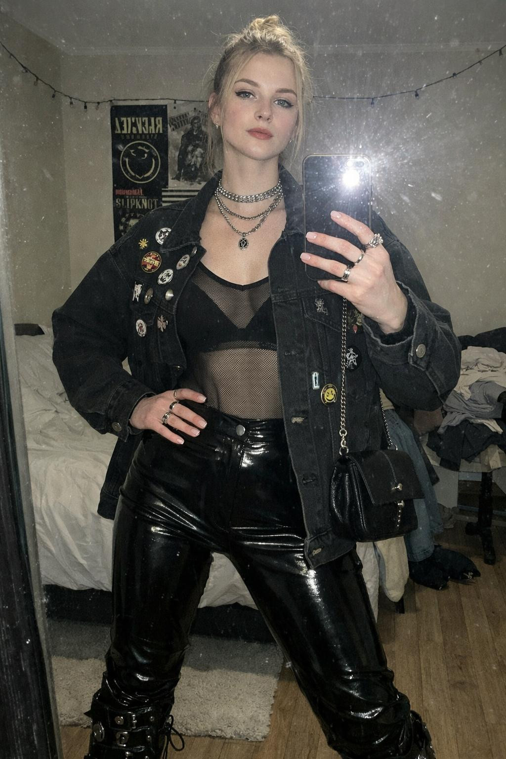 Rock concert outfit with platform combat boots and mesh bodysuit