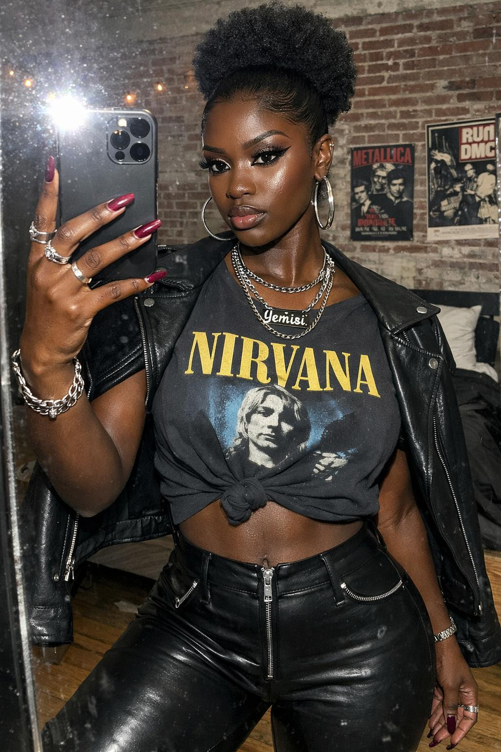 Concert outfit black women with nameplate chain necklace and platform boots