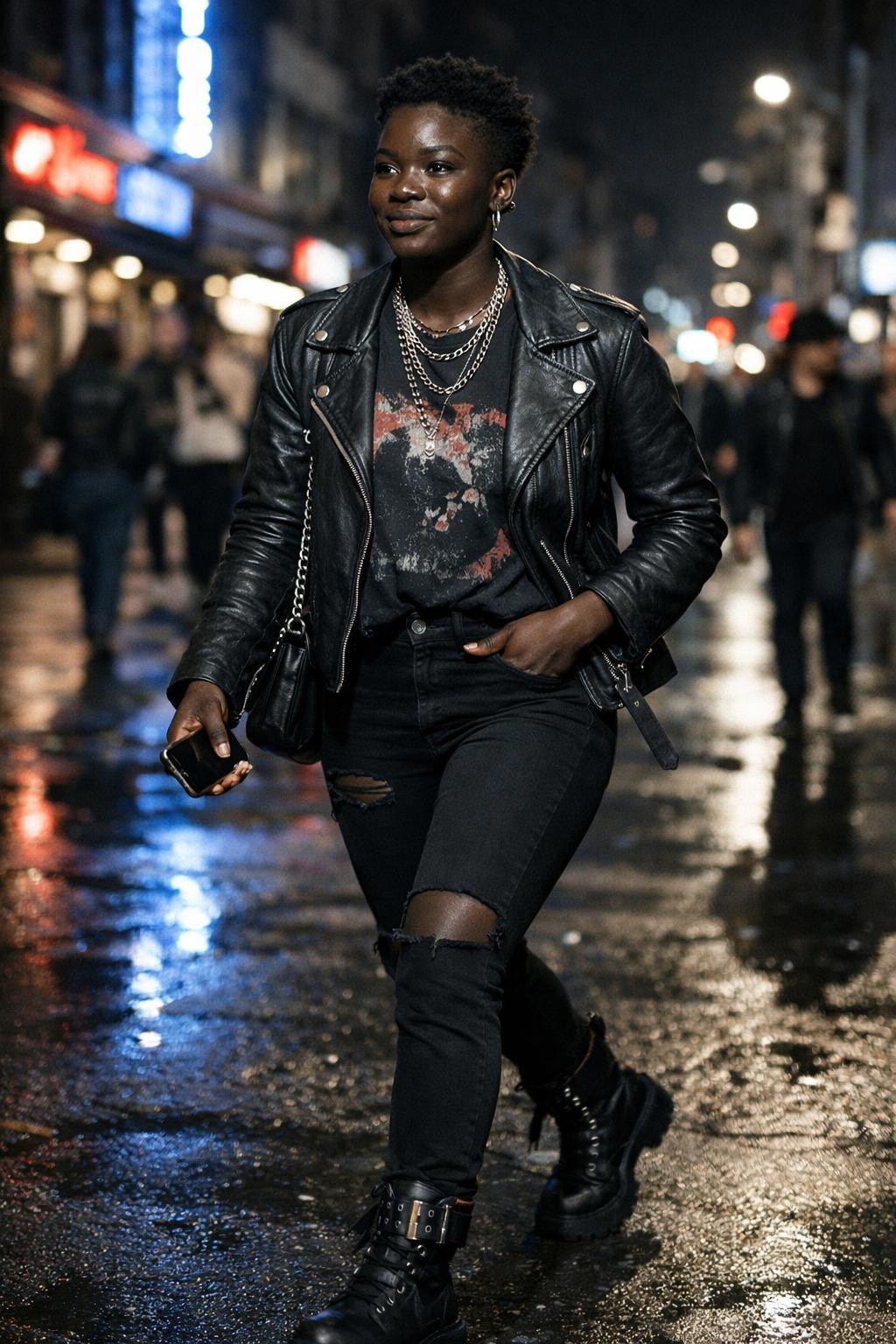 Concert outfit black women featuring cropped fade hairstyle and chain crossbody bag
