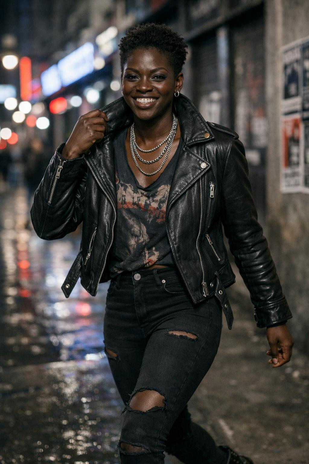 Concert outfit black women with studded ankle boots and chain crossbody bag