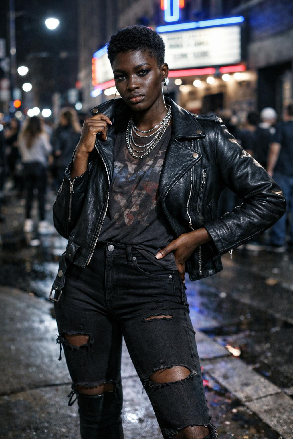 Concert outfit black women featuring combat boots and silver hardware accents