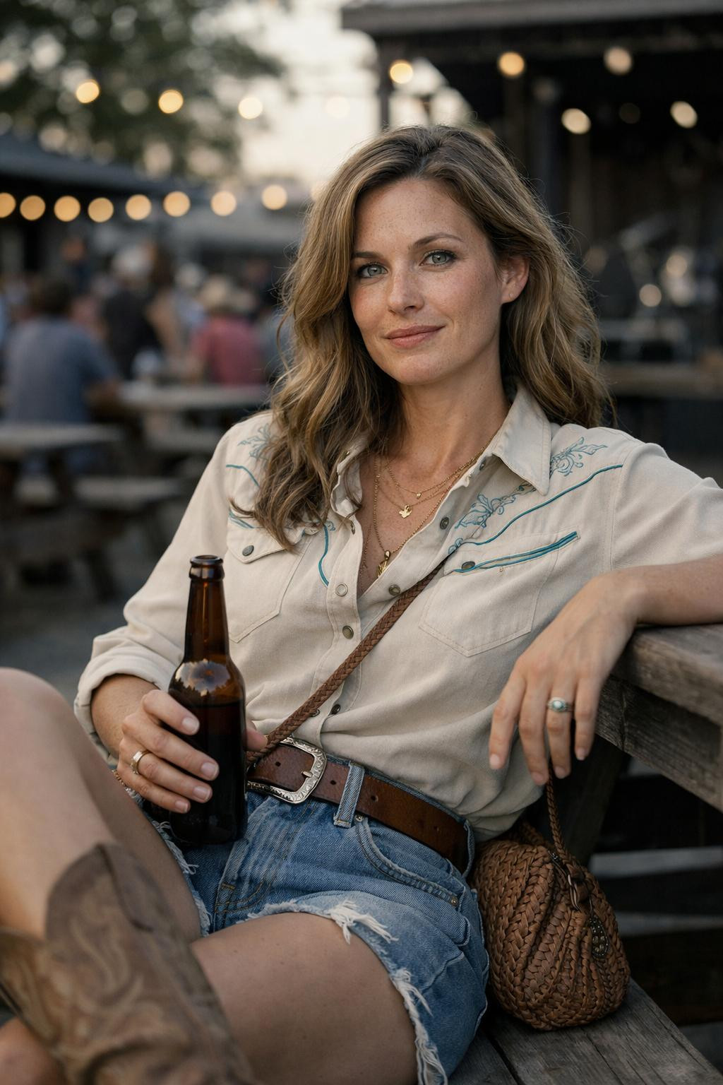 Country concert outfit ideas with embroidered Western shirt and denim shorts
