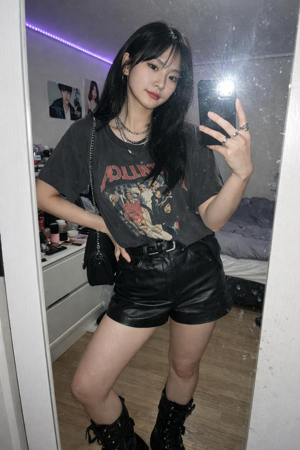 Kpop concert outfit with combat boots and leather shorts