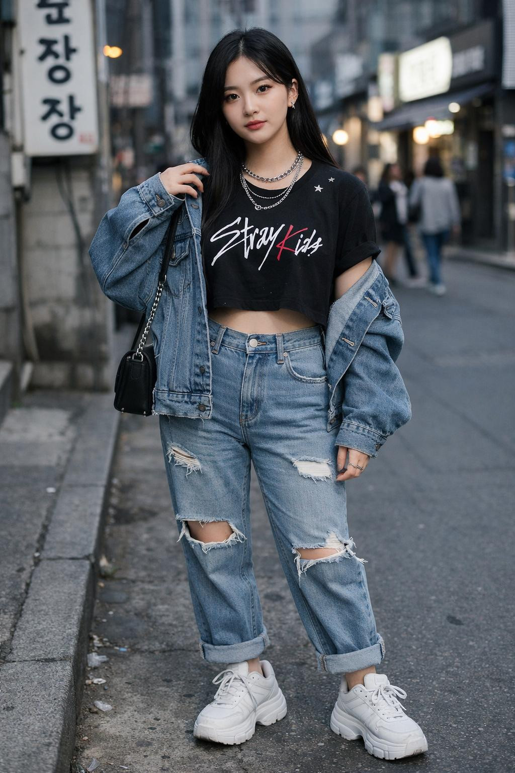Kpop concert outfit with denim jacket and platform boots