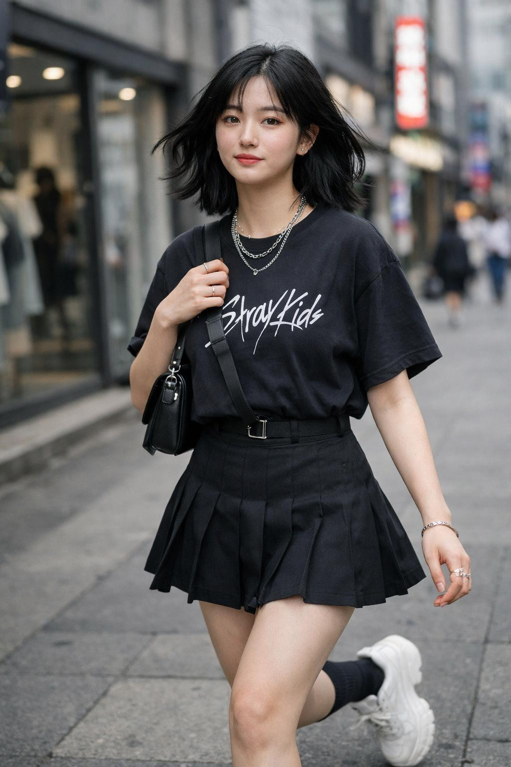 Kpop concert outfit with pleated skirt and platform sneakers