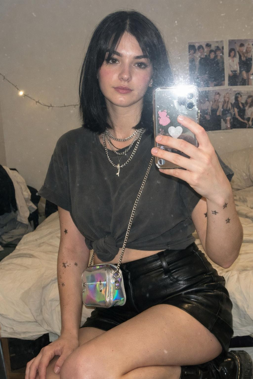Kpop concert outfit ideas with leather shorts and patent boots