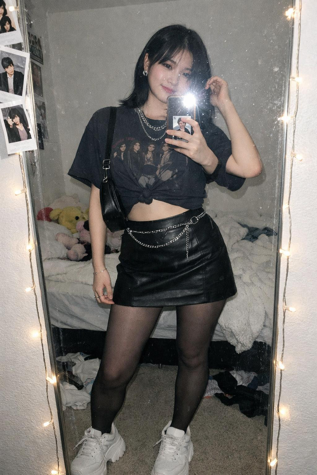 Kpop concert outfit with leather skirt and platform shoes