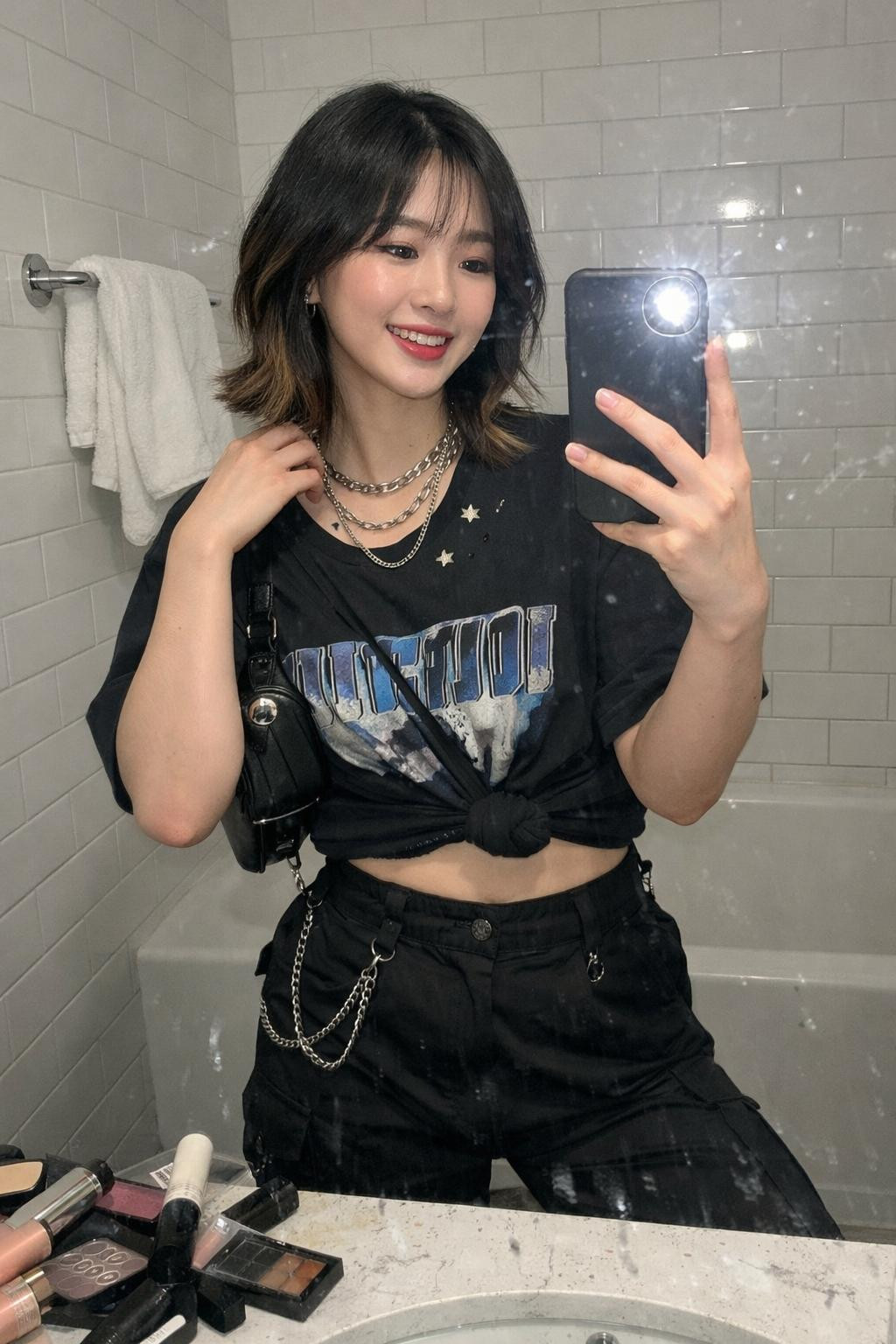 Kpop concert outfit with cargo pants and platform sneakers