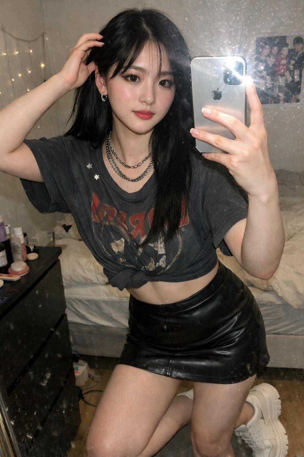 Kpop concert outfit ideas with leather mini and graphic top