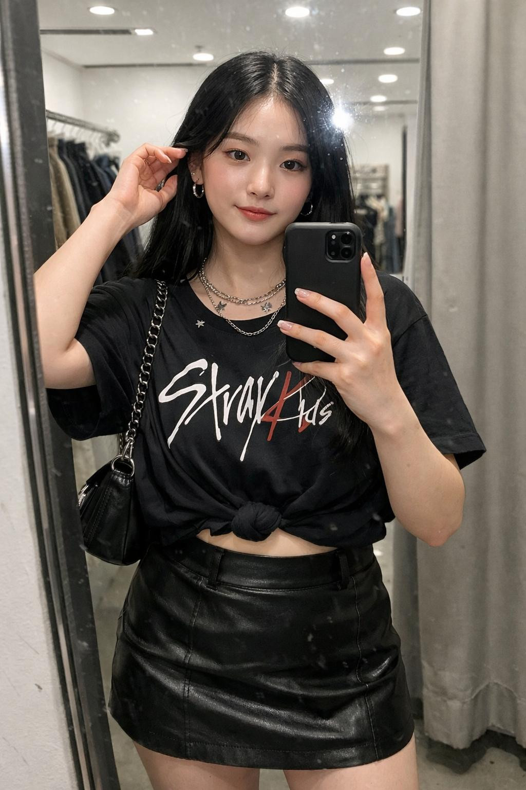 Kpop concert outfit with oversized band tee and leather skirt
