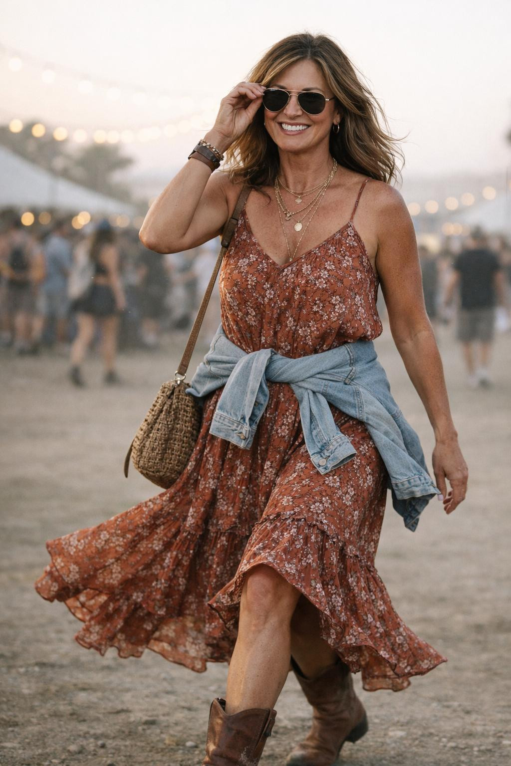 Summer concert outfit with flowing bohemian burnt sienna maxi dress and denim jacket for mature style