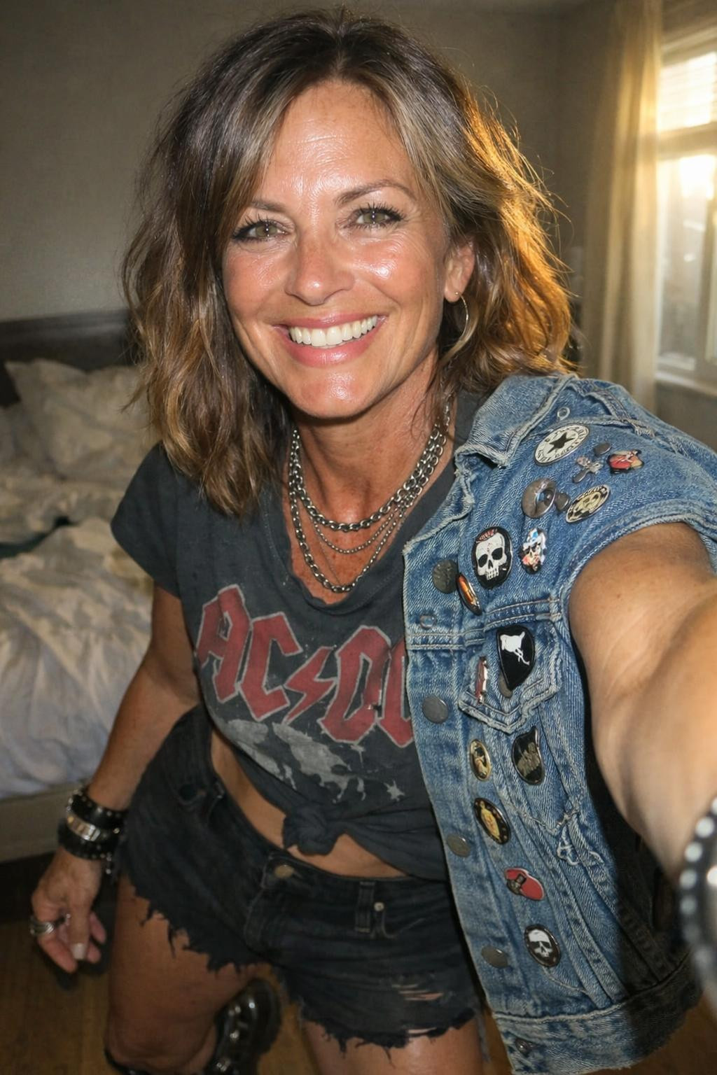 Summer concert outfit with oversized denim jacket and vintage band tee for mature style