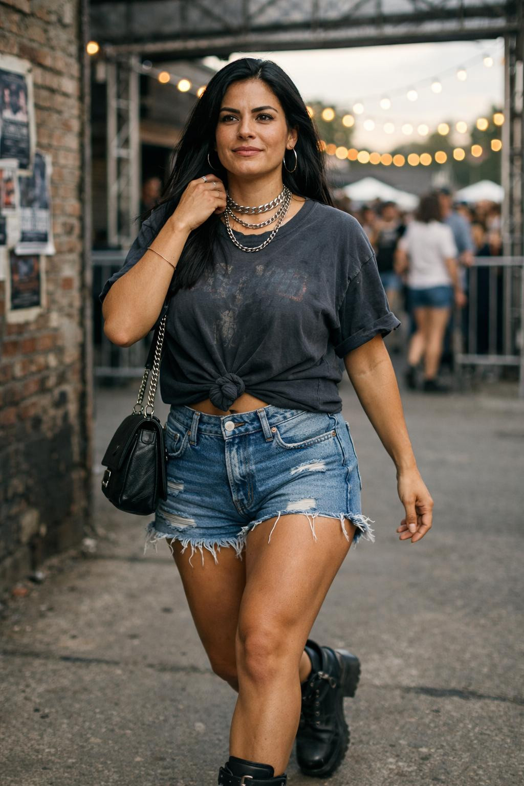 Summer concert outfit with knotted vintage band tee and distressed denim shorts