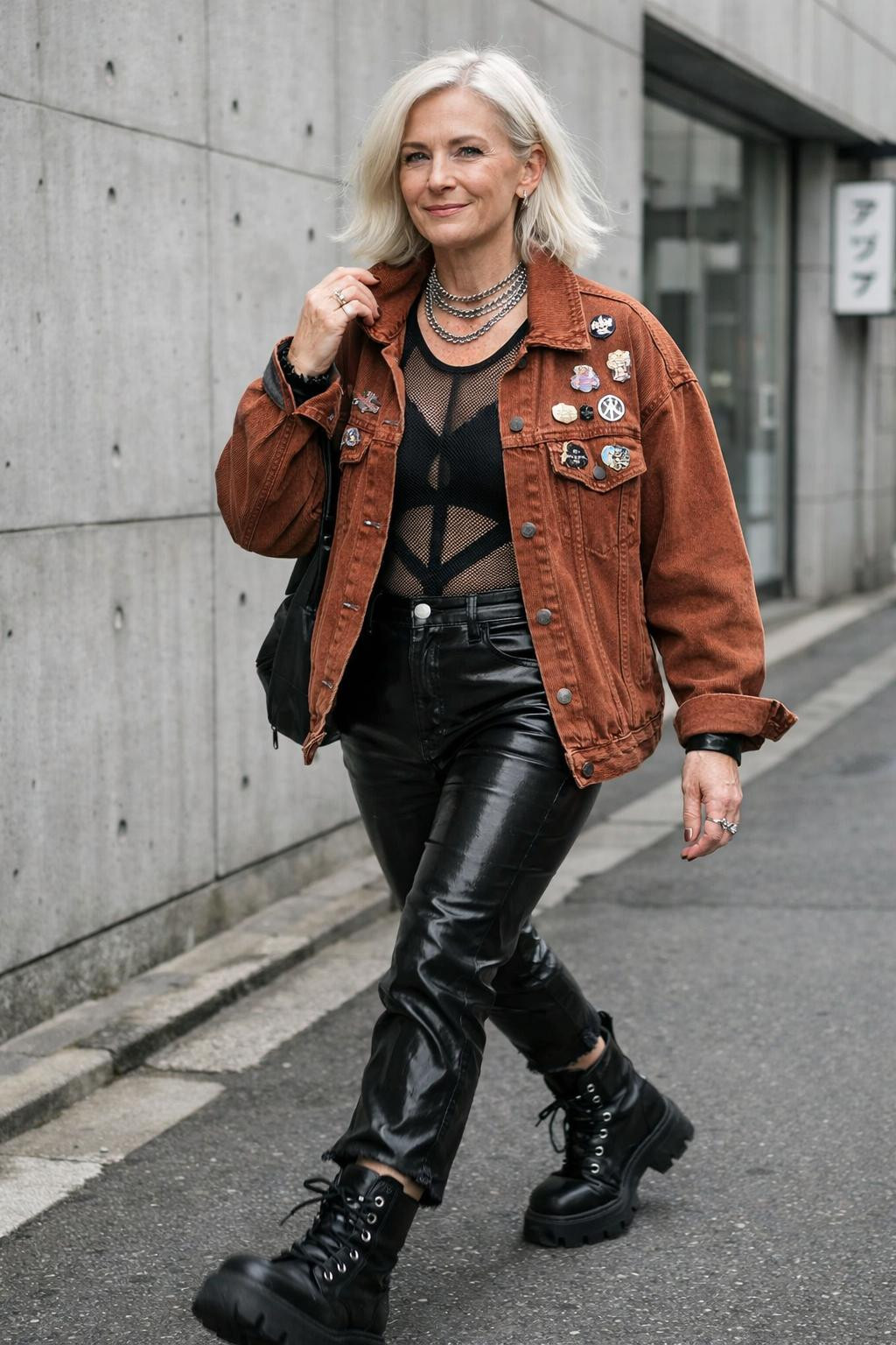 Summer concert outfit with oversized burnt sienna denim jacket and black vinyl pants