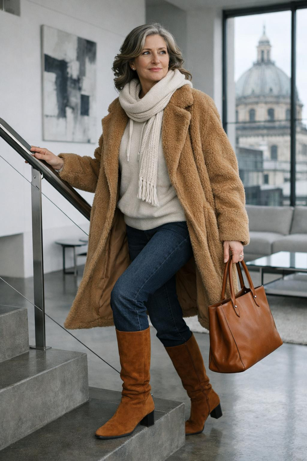Winter concert outfit ideas in architectural Milan setting
