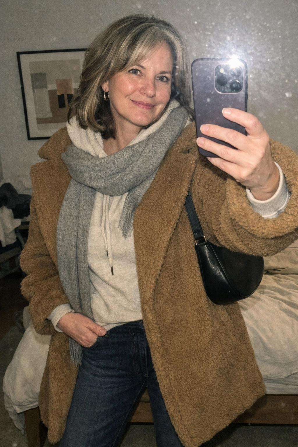 Winter concert outfit in cozy bedroom with reading nook