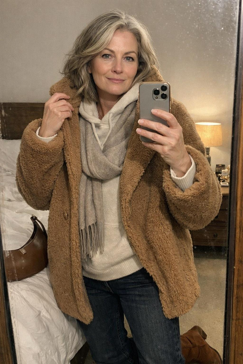Winter concert outfit captured in authentic bedroom setting