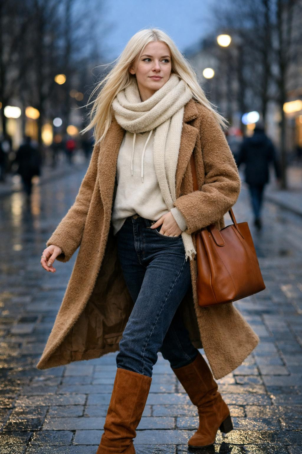 Winter concert outfit on European street with twilight glow