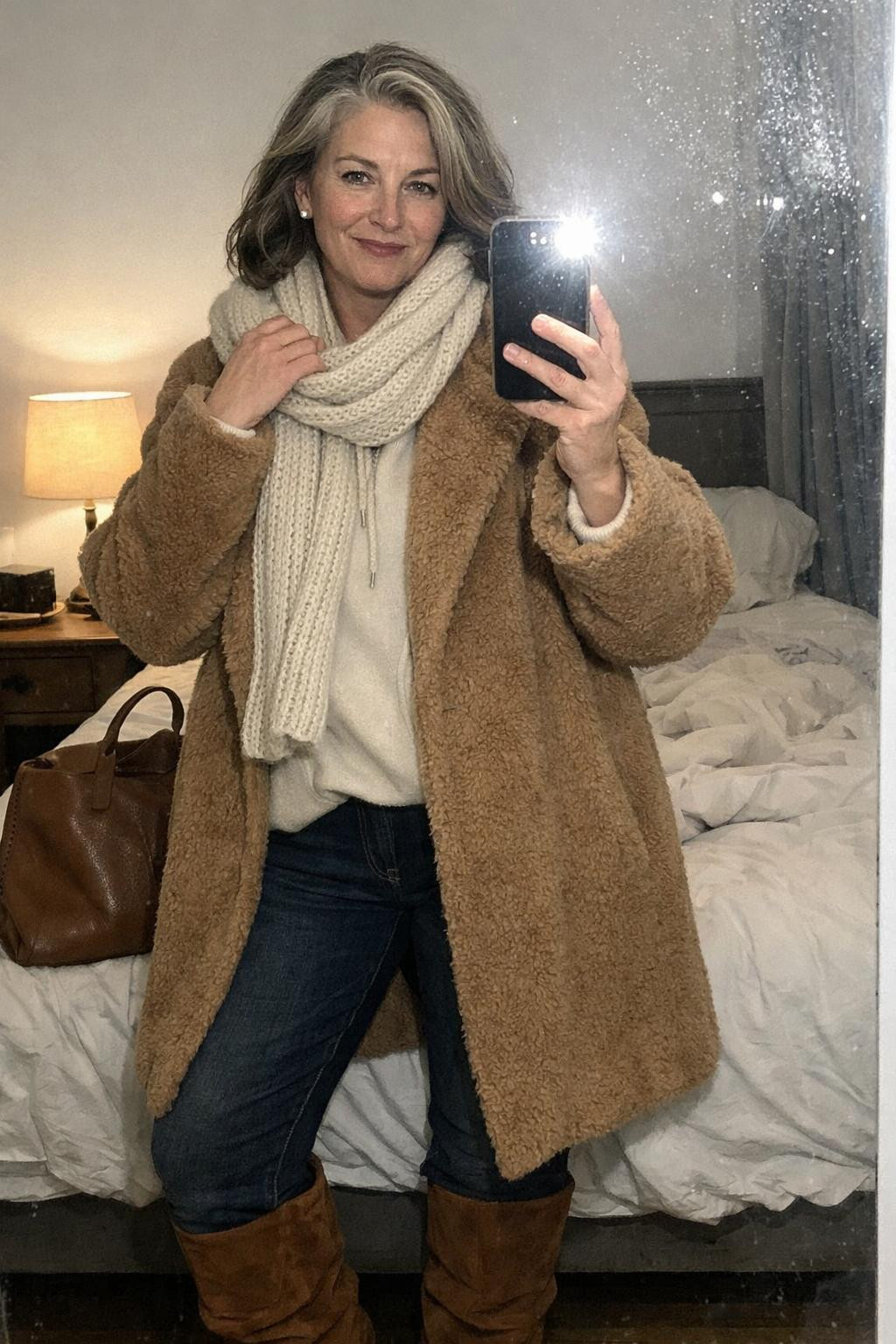 Winter concert outfit captured in authentic bedroom mirror selfie