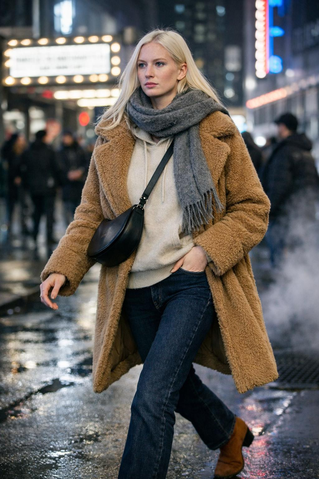 Winter concert outfit with western boots and oversized coat