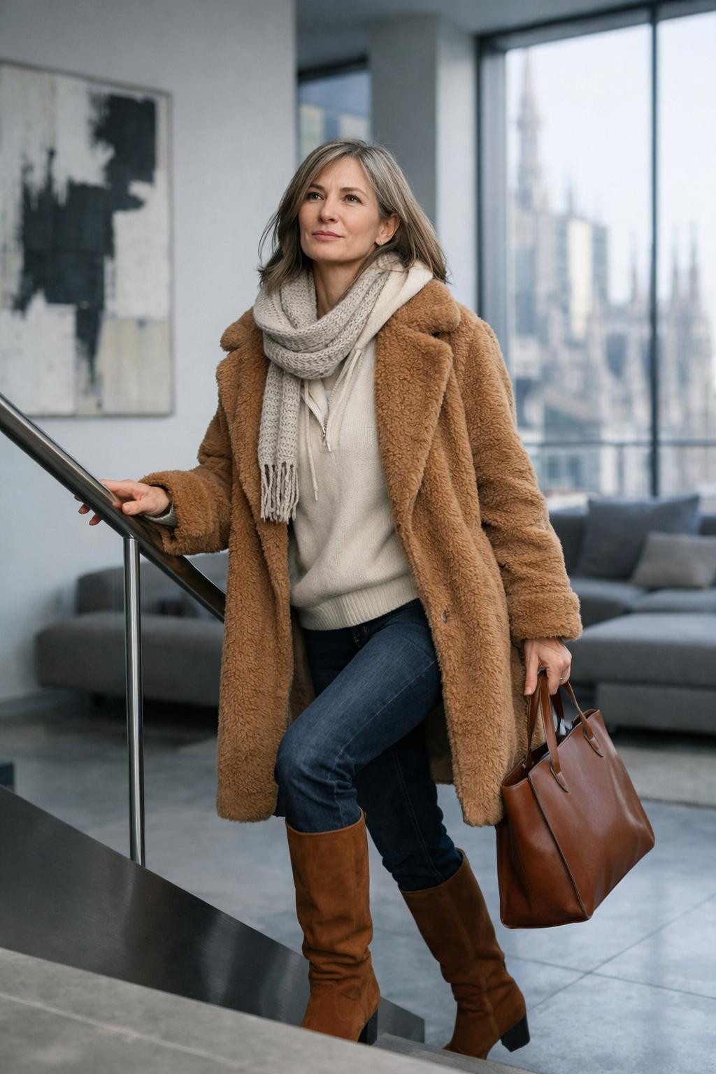 Winter concert outfit ideas with chunky scarf and tailored layers