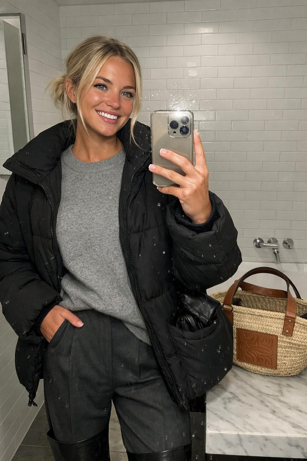 Cozy airport outfit bathroom mirror with West Coast vibe