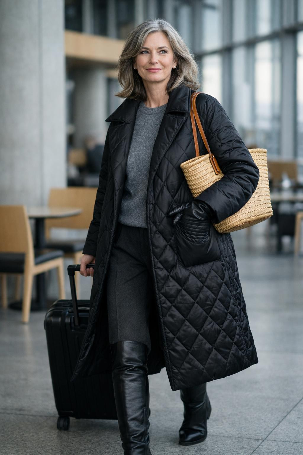 Cozy airport outfit with sophisticated silver highlights
