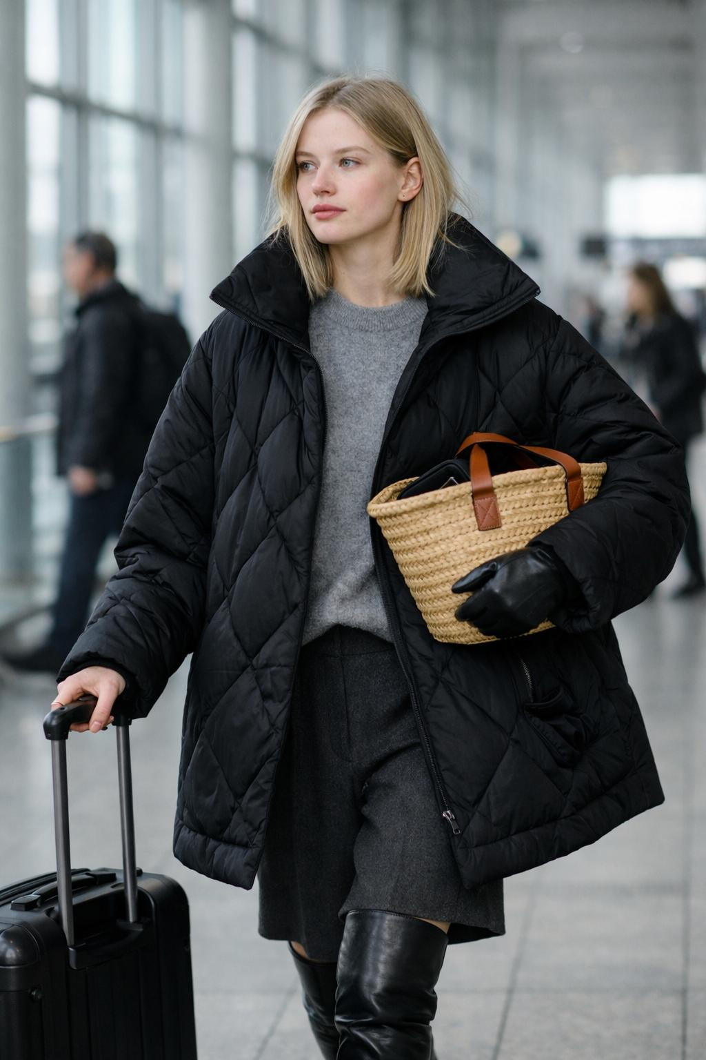 Cozy airport outfit walking through modern terminal
