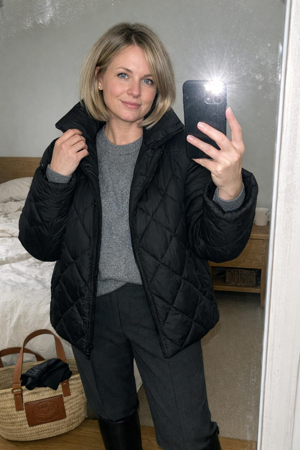Cozy airport outfit bedroom mirror with natural lighting