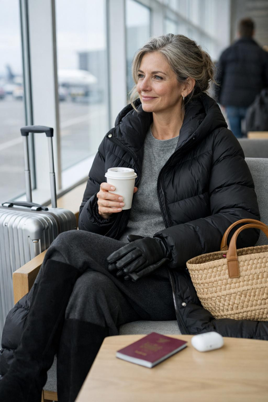 Cozy airport outfit relaxing in departure lounge