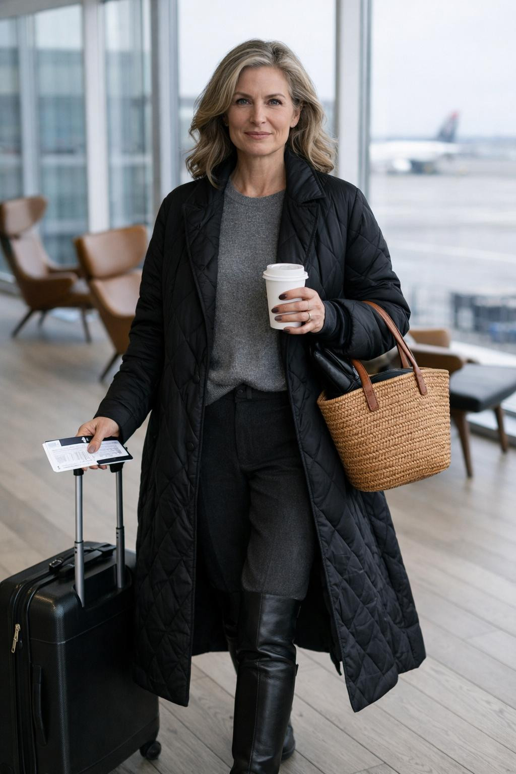 Cozy airport outfit power stance at terminal