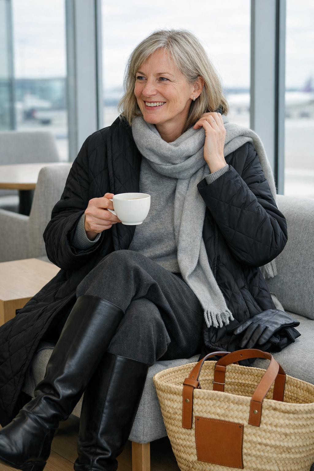 Cozy airport outfit seated in minimalist lounge