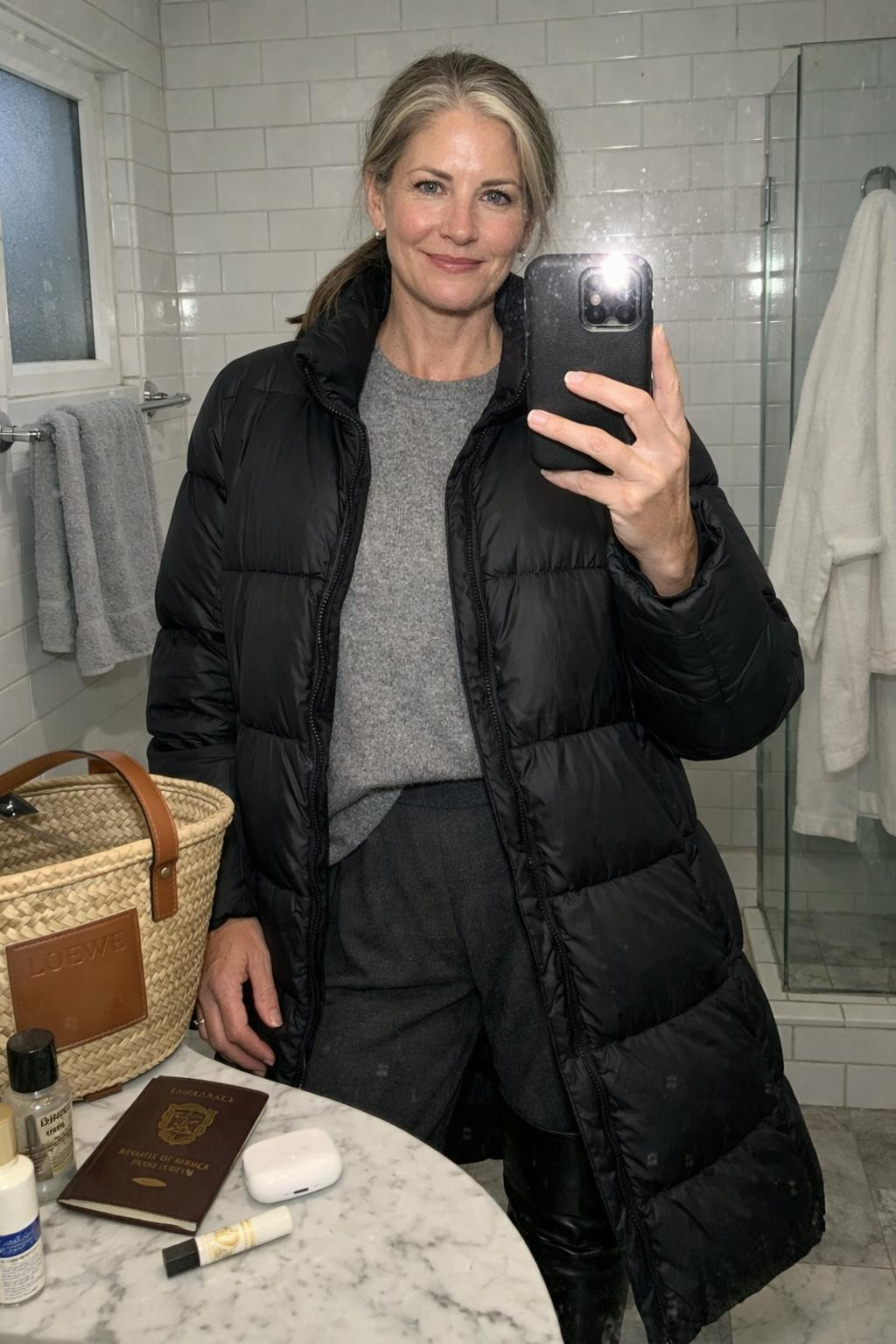 Cozy airport outfit bathroom mirror selfie