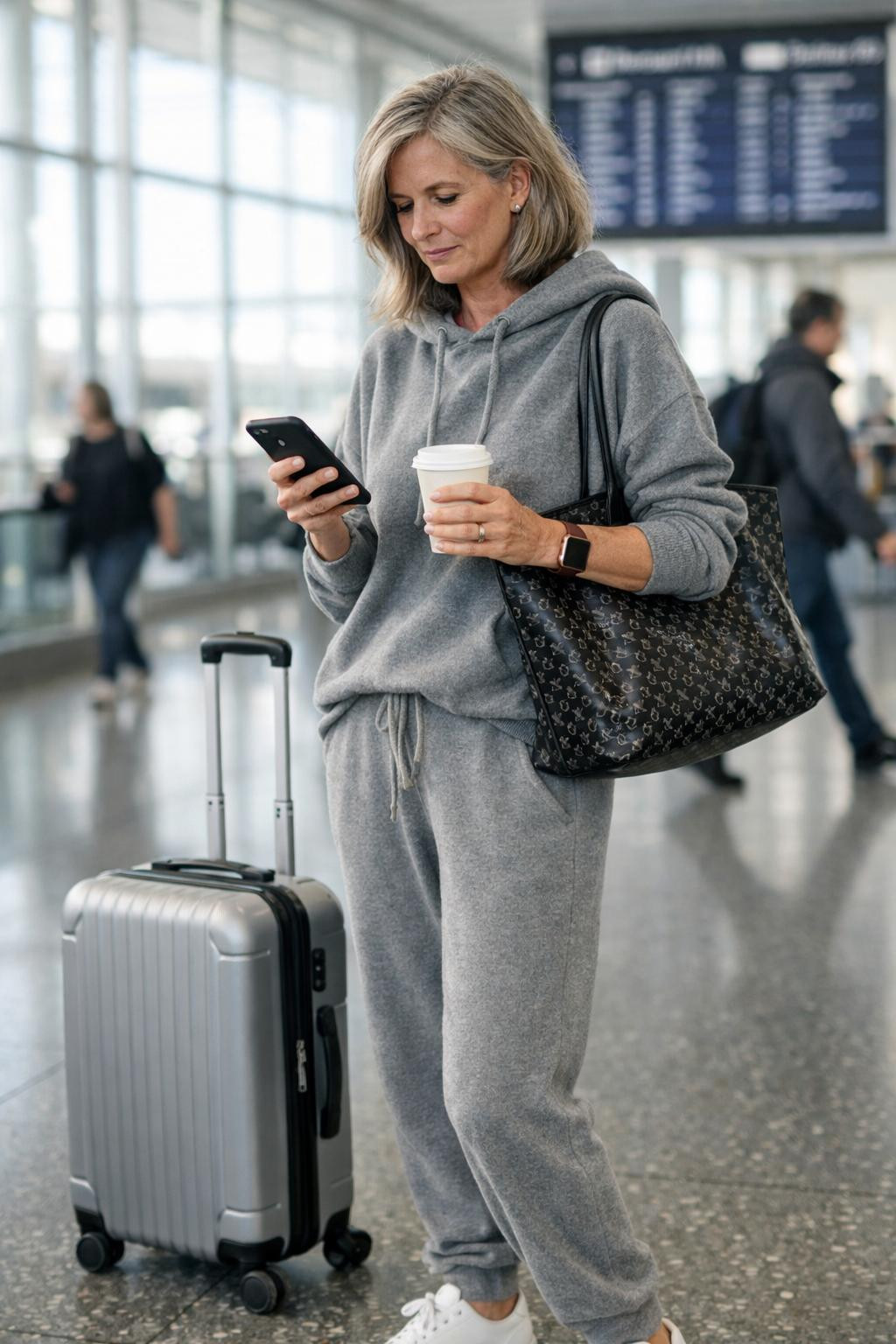 Casual airport outfit with coffee cup and phone at modern terminal