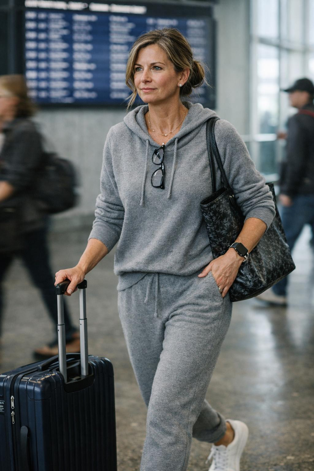 Casual airport outfit ideas featuring low bun hairstyle and cashmere joggers