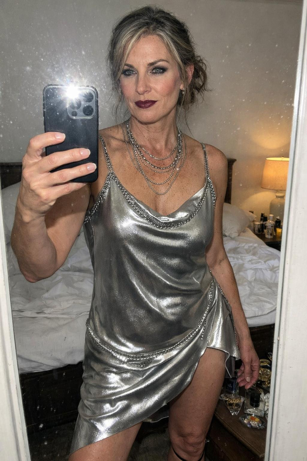 Party outfit bedroom mirror silver satin dress