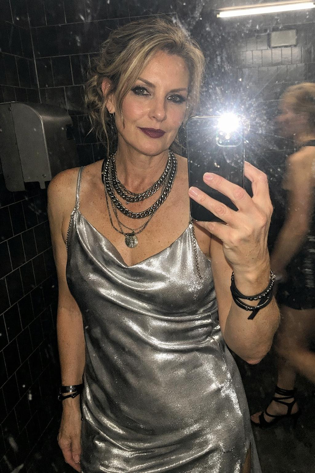 Party outfit mature confidence silver dress