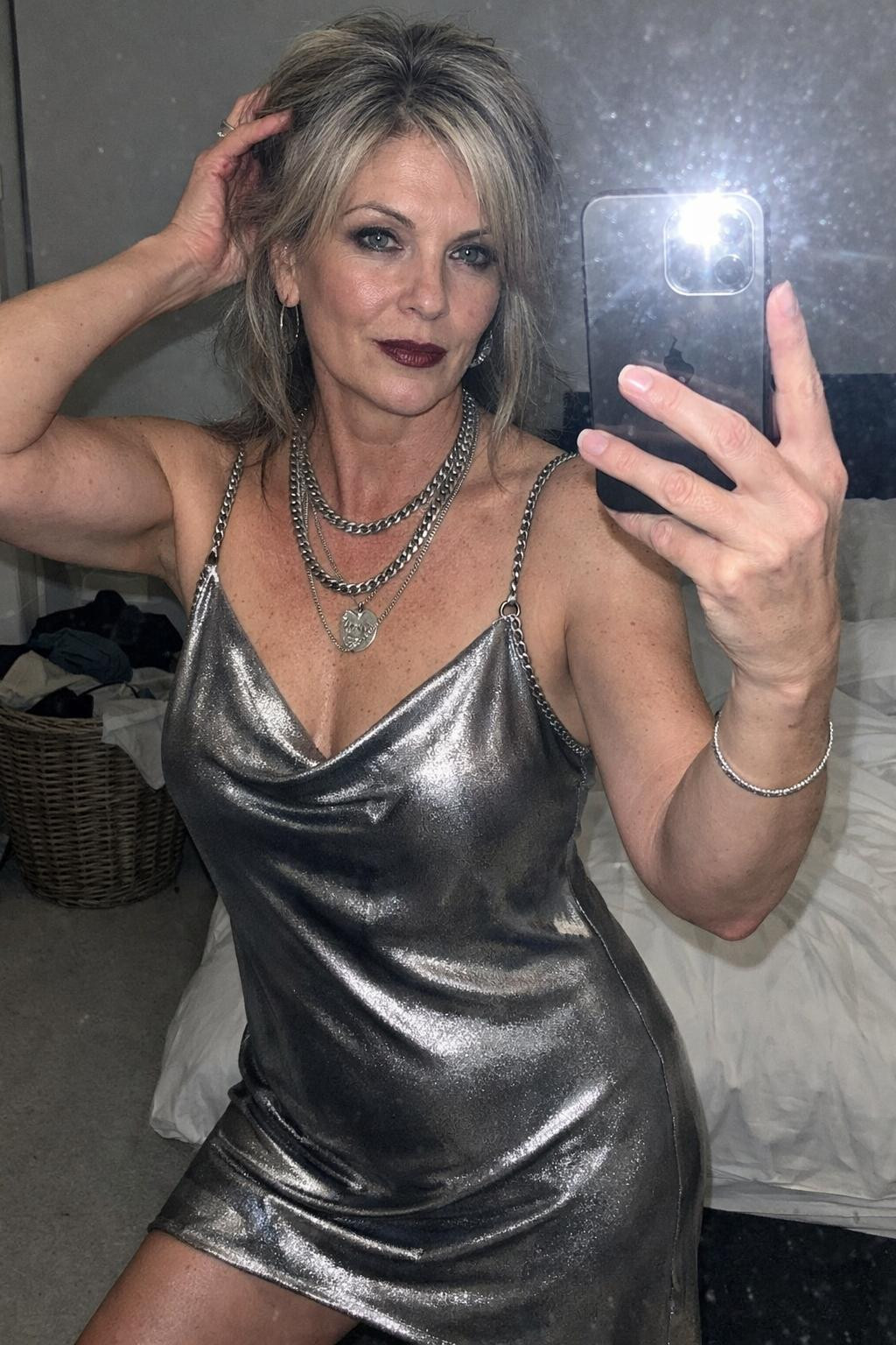 Party outfit elegant silver satin with chains