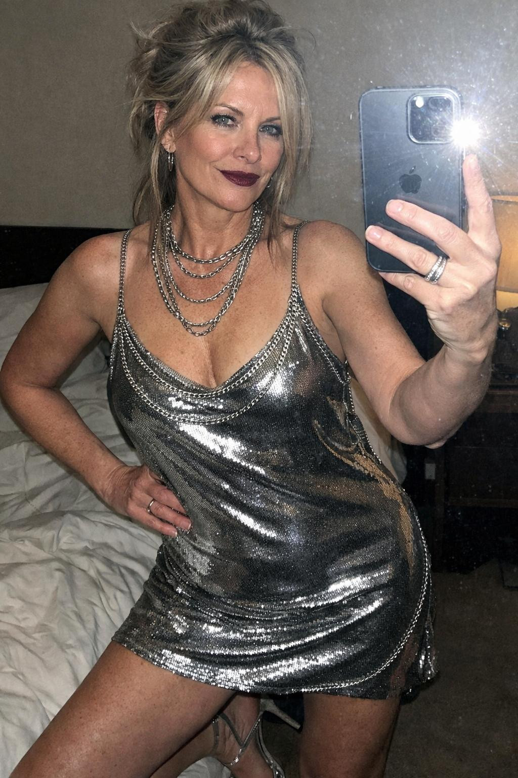 Party outfit with silver chain-embellished slip dress