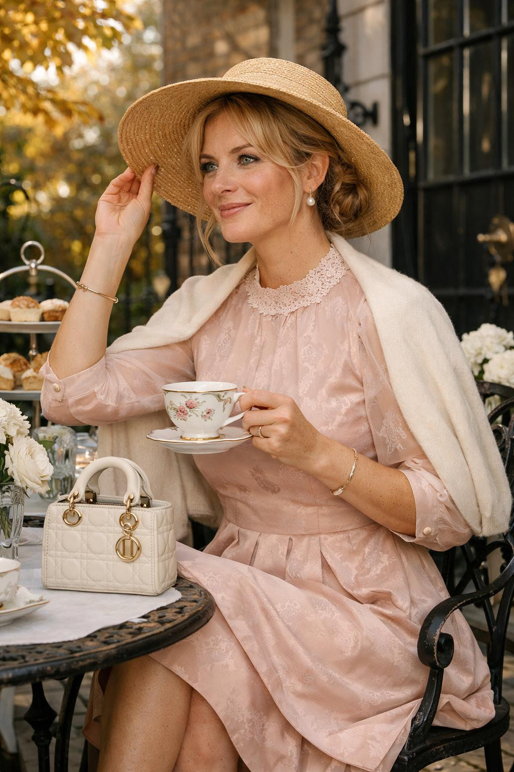 Tea party outfit with blush pink silk crepe midi dress and wide-brimmed hat