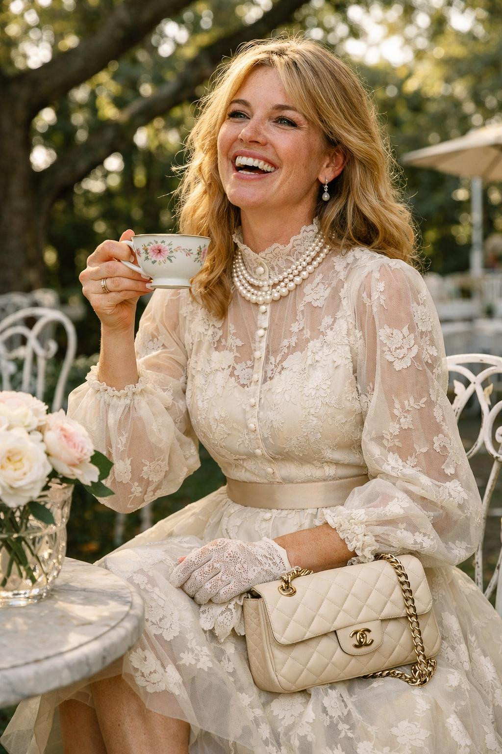 Tea party outfit with ivory silk organza dress featuring hand-embroidered floral lace