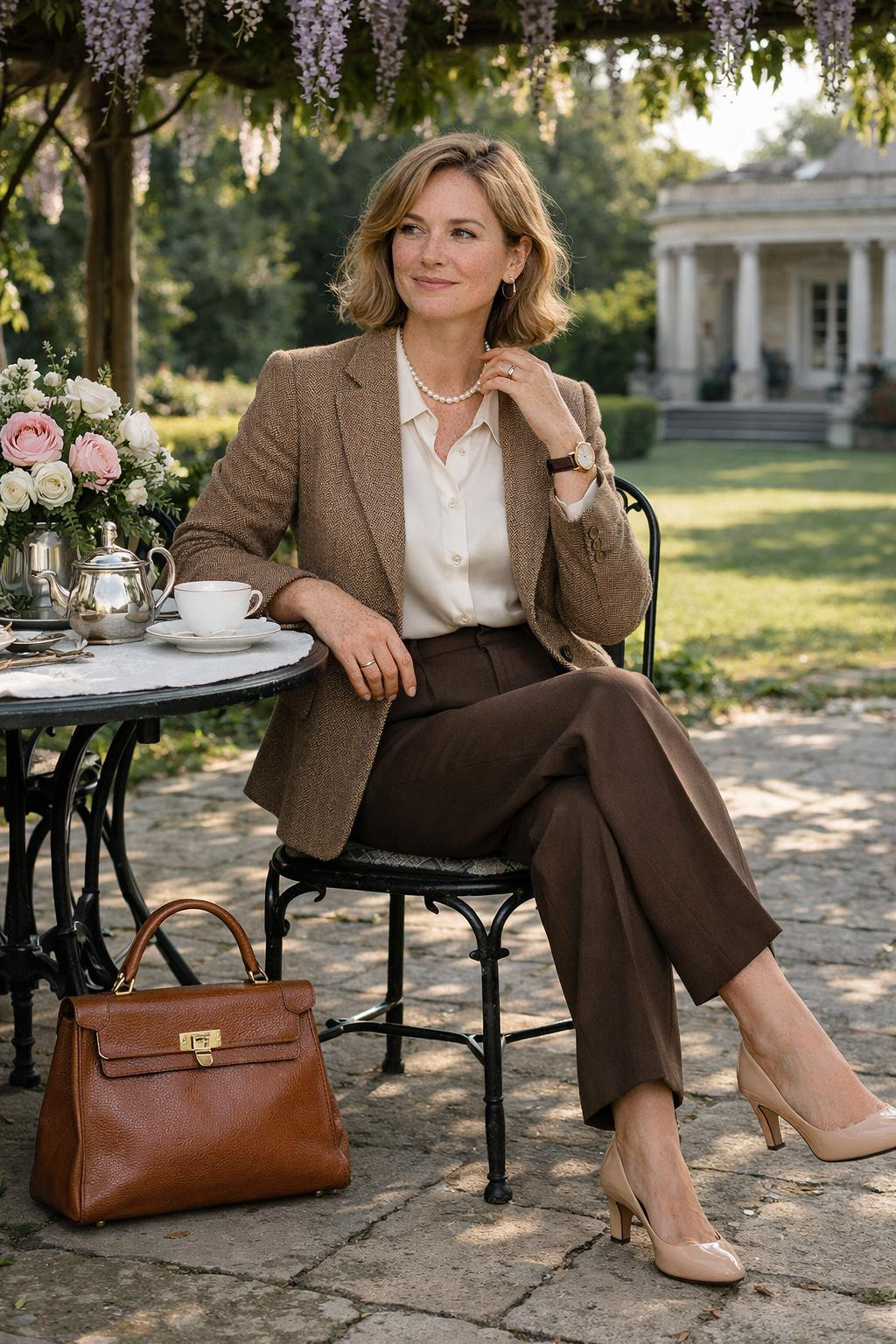 Tea party outfit featuring camel herringbone tweed jacket with wool trousers