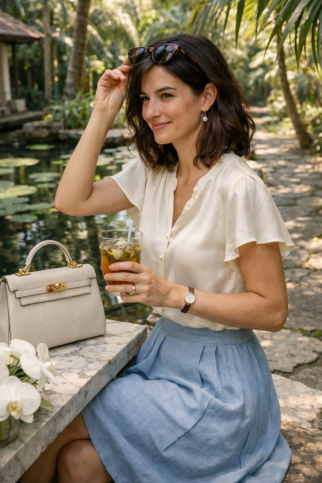 Tea party outfit with ivory silk blouse and powder blue pleated linen skirt