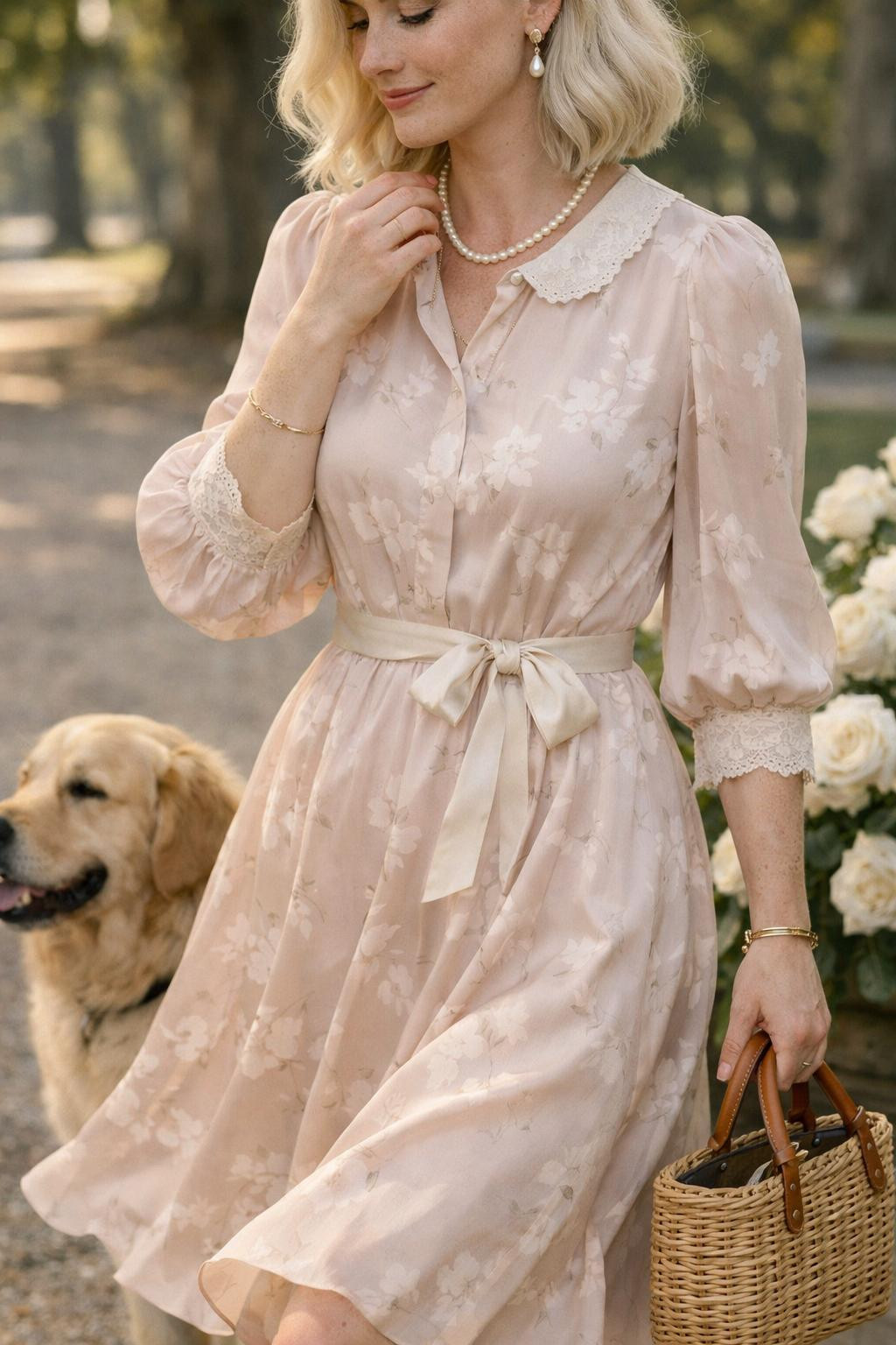 Tea party outfit with pale pink silk floral midi dress and ballet flats