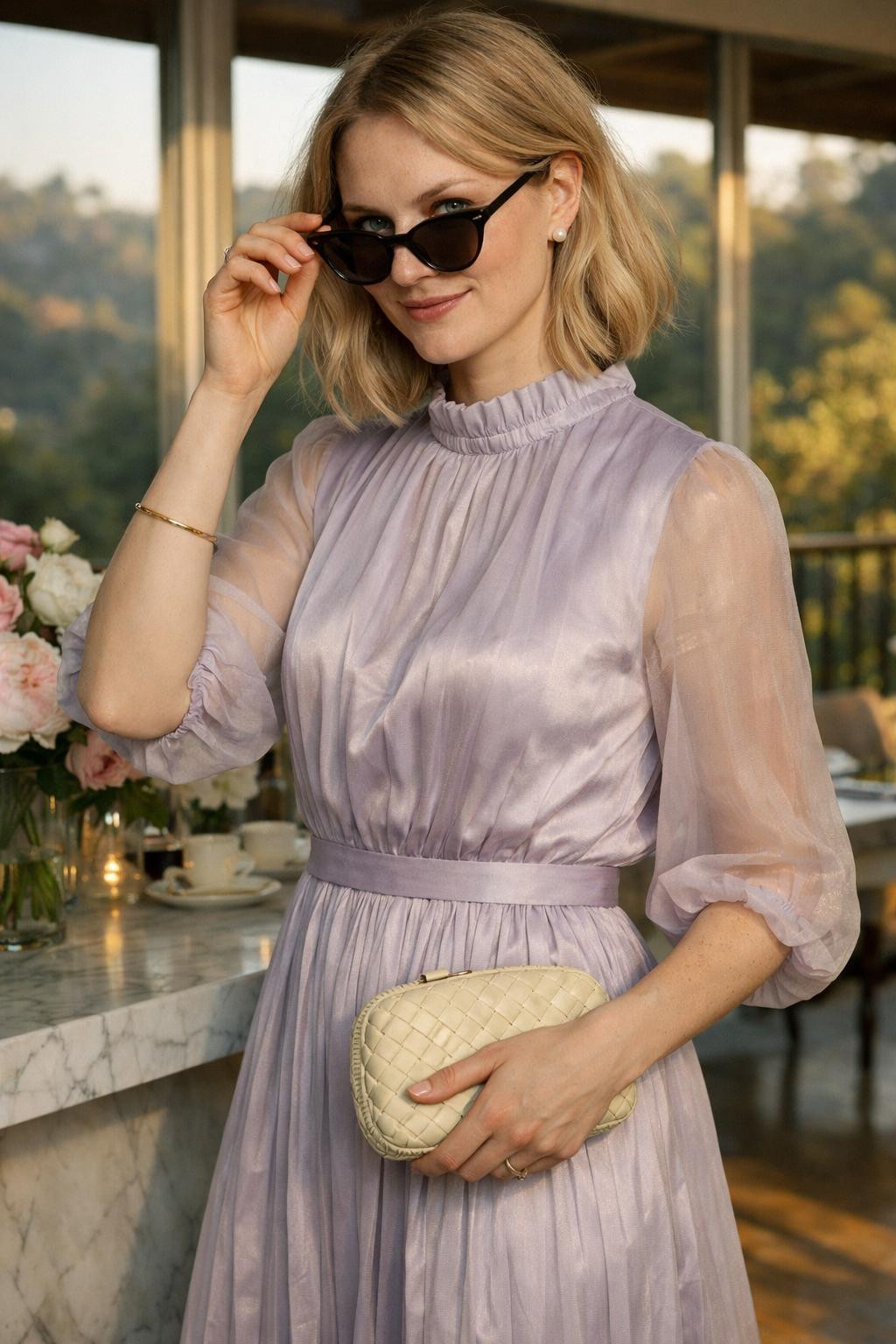 Tea party outfit featuring pastel lavender pleated midi dress with sheer sleeves