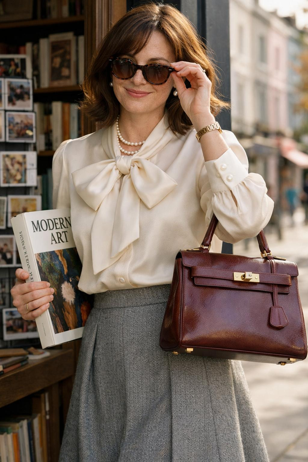 Tea party outfit with cream silk blouse featuring exaggerated bow and grey tweed skirt