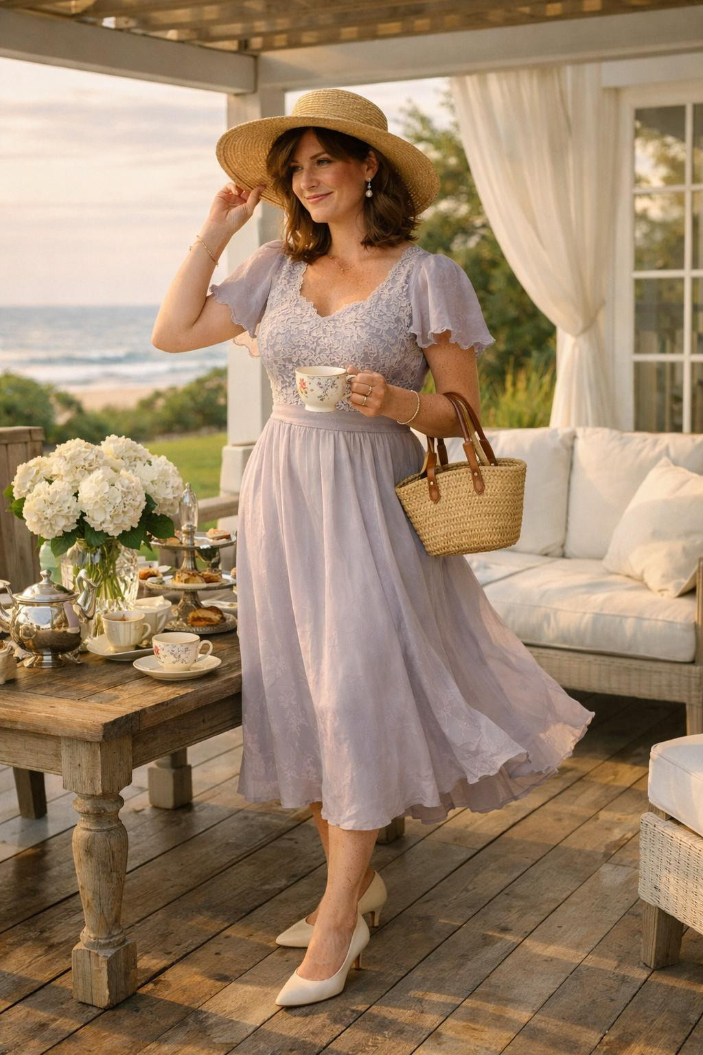 Tea party outfit with vintage lavender silk tea dress and straw hat