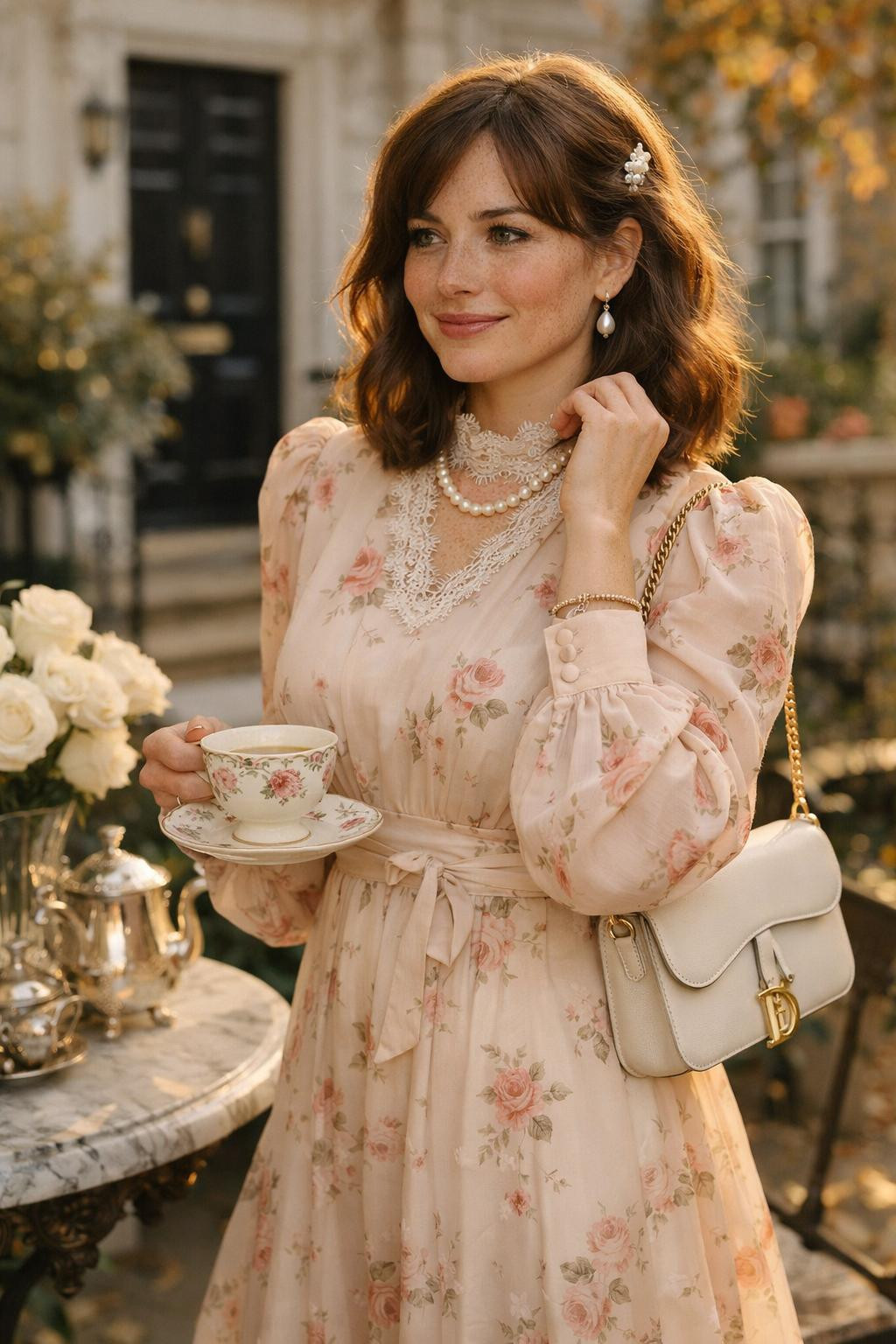 Tea party outfit with Bridgerton-inspired floral midi dress and lace collar